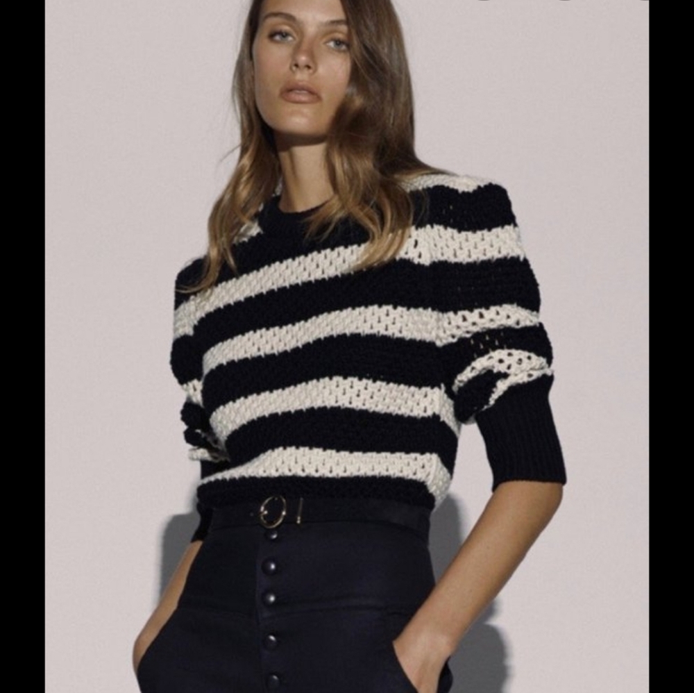 Frame Denim Striped Open Knit Crew XS NWT